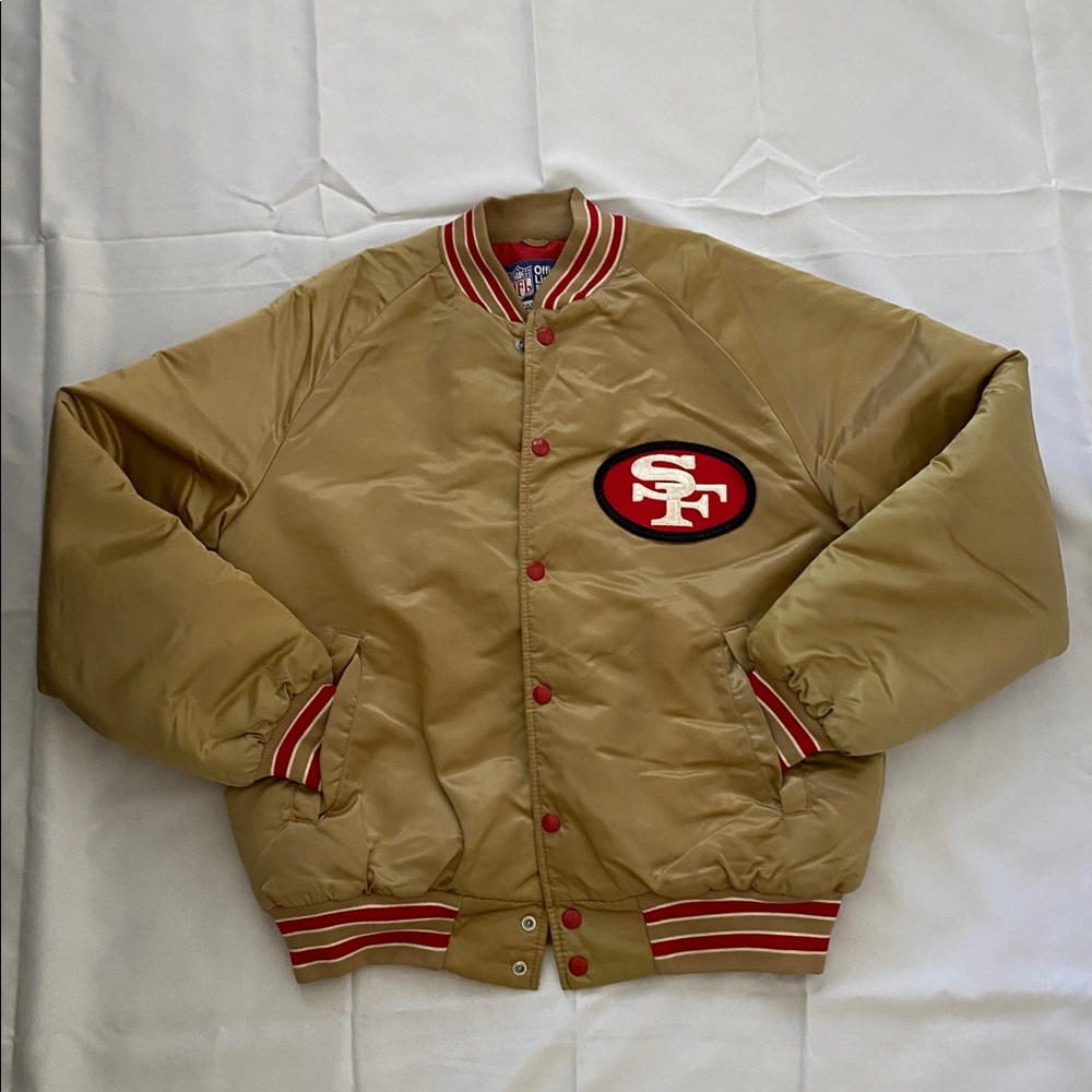 Vintage Satin Tan 49er’s Side Line Bomber Jacket with Red Accents Size Medium